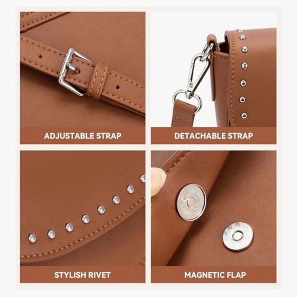 NWOT BOSTANTEN Crossbody Bag Women Vegan Leather Purse Studded Brown - Picture 3 of 12